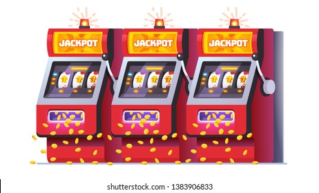 Slot machines jackpot win poster. Lucky all sevens spin combination on all three fruit one-armed bandit. Money coins raining from slot. Flat vector object illustration