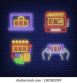 Slot machines and lucky seven application on gadgets neon signs set. Casino, gambling and leisure design. Night bright neon sign, colorful billboard, light banner. Vector illustration in neon style.