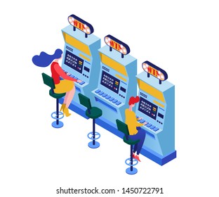 Slot machines playing isometric vector illustration. Gamblers playing one arm bandit, winning jackpot 3d characters. Gambling business, modern addictive entertainment industry isolated color clipart