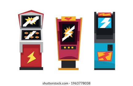 Slot Machines Set, Gambling Concept Cartoon Vector Illustration
