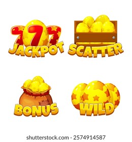 Slot symbols- Jackpot, Wild, Bonus and Scatter for Easter slot machine. Set of vector golden Easter icons for game asset. Bag of eggs, wooden box, golden egg and 777 icons