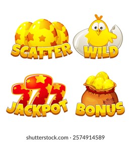 Slot symbols- Jackpot, Wild, Bonus and Scatter for Easter slot machine. Set of vector golden Easter icons for game asset