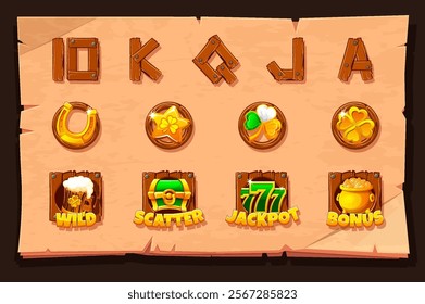 Slot symbols for St Patrick day themed for your game or slots machine. Standard symbols,Wild symbol,Bonus symbol,Scatter symbol, Playing card symbols