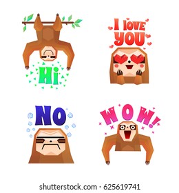 Sloth 4 funny cartoon character icons set with wow love no and hi colorful letters isolated vector illustration 