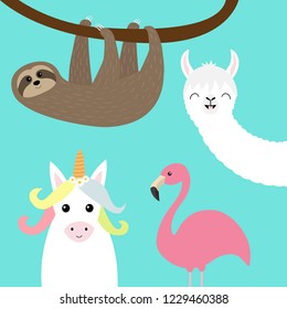 Sloth, alpaca, llama, flamingo, unicorn set. Cute cartoon funny kawaii character. Childish baby collection. T-shirt, greeting card poster template print. Flat design Blue background. Vector