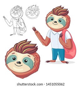 Sloth - animal character mascot with one hand up and backpack. Vector illustration