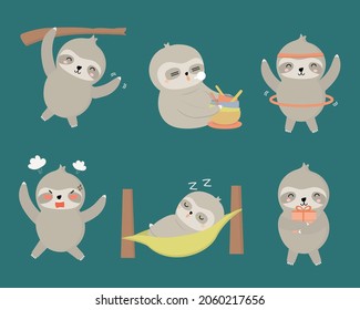 Sloth Animal characters of various professions and emotions such as hang, eat, exercise, get angry, sleep. Sloths in different pose and activities. vector flat illustration
