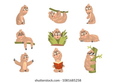 Sloth Animal Cute Cartoon Character Different Life Situations And Emotions Set Of Flat Cartoon Stickers