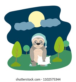 sloth animal with hat and pillow in the landscape