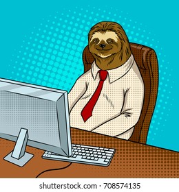 Sloth Animal Office Worker Pop Art Retro Vector Illustration. Comic Book Style Imitation.