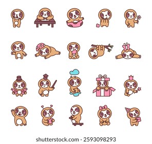 Sloth animal set featuring adorable kawaii cartoon characters expressing different emotions and poses while celebrating, relaxing, playing, and enjoying everyday activities, for yours design projects