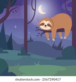 sloth animal. sleeping happy cartoon sloth lazy night time on branch tree