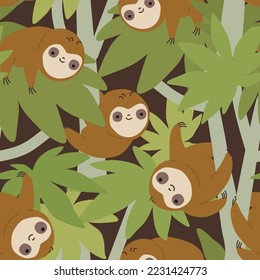 Sloth animals on the trees, seamless pattern. For textile, wrapping paper, packaging.