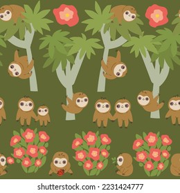 Sloth animals, trees and flowers in a row, seamless pattern. For textile, wrapping paper, packaging