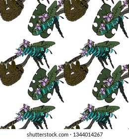 Sloth, banana leaves, orchids and pineapple. Seamless pattern. Vector illustration.