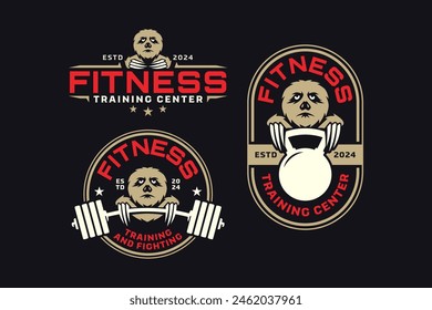 sloth with barbell and kettlebell logo design for fitness, gym, bodybuilding, weightlifting