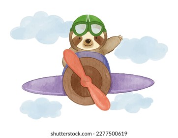 Sloth bear drive airplane on sky . Realistic watercolor paint with paper textured . Cartoon character design . Vector .