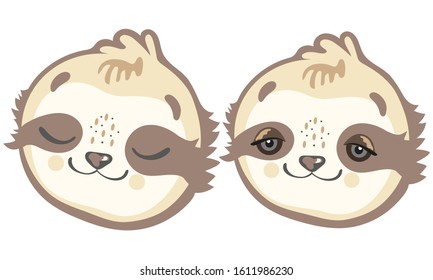 A sloth bear head with closed and open eyes. Cute smiling face of a sloth. Vector illustration.