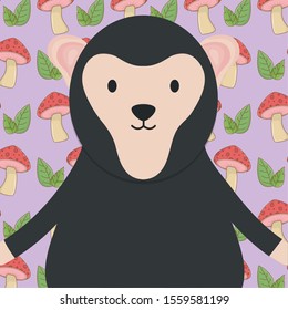sloth bear mushroom and leaves background fantasy fairy tale vector illustration