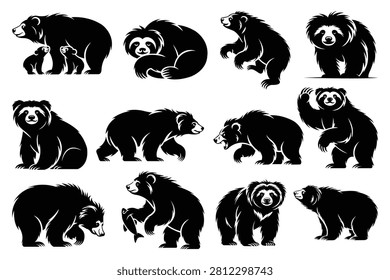 Sloth Bear Silhouette Vector Set - Shaggy Wild Bear and Cubs Clipart
