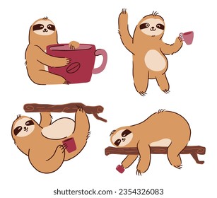 Sloth bears with cup of coffee . Hand drawn style . White isolate background . Vector .