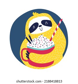 Sloth with a big cup of cocoa coffee. Christmas winter animal character in simple hand drawn scandinavian style. A colorful childish cartoon in a colorful festive palette. Vector illustration