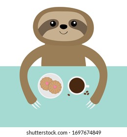 Sloth. Biscuit cookie and coffee cup. Teacup on table. Cute cartoon kawaii funny lazy baby character. Wild jungle animal collection. Slow down. Blue background. Isolated. Flat design. Vector