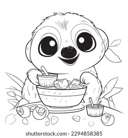 Sloth, Black and white coloring pages for kids, simple lines, cartoon style, happy, cute, funny, animal in the world