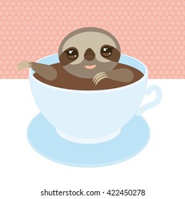 Sloth in a blue cup coffee, tea, Three-toed sloth isolated on white background. Vector