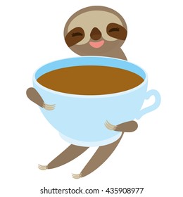 Sloth and blue cup coffee, tea, Three-toed sloth isolated on white background. Vector