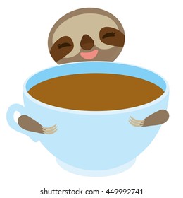 Sloth and blue cup coffee, tea, cute kawaii Three-toed sloth isolated on white background. Vector