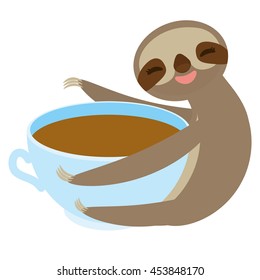 Sloth and blue cup coffee, tea, cute kawaii Three-toed sloth isolated on white background. Vector