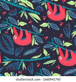 Sloth, branch, leaves and fruits vector composition. Print design. Element of seamless pattern