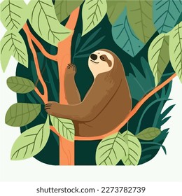 Sloth in the branches of a rainforest tree. Tropical rainforest animals. Flat vector illustration concept