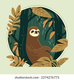 Sloth in the branches of a rainforest tree. Tropical rainforest animals. Flat vector illustration concept