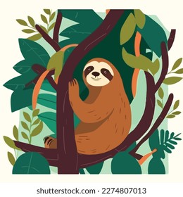 Sloth in the branches of a rainforest tree. Tropical rainforest animals. Flat vector illustration concept