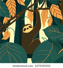 Sloth in the branches of a rainforest tree. Tropical rainforest animals. Flat vector illustration concept