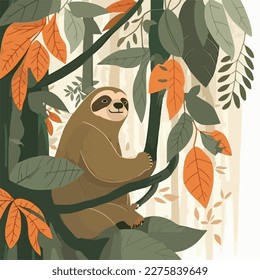 Sloth in the branches of a rainforest tree. Tropical rainforest animals. Flat vector illustration concept