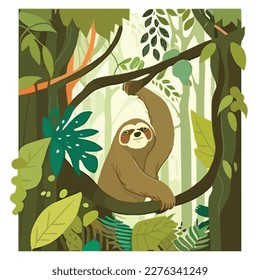 Sloth in the branches of a rainforest tree. Tropical rainforest animals. Flat vector illustration concept