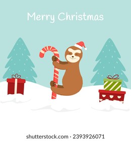 Sloth with candy cane and gift in winter scene, Merry Christmas and New Year