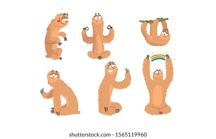 Sloth Cartoon Character Expressing Different Emotions Vector Set