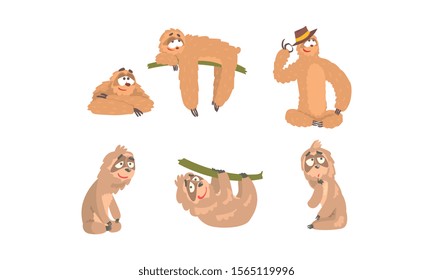 Sloth Cartoon Character Expressing Different Emotions Vector Set