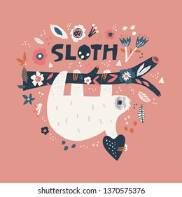 Sloth cartoon hand drawn illustration. Lazy flat animal character with name. Cute mammal hanging on tree branch. Handwritten lettering. Flowers and leaves design elements in scandinavian style 