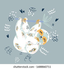 Sloth cartoon hand drawn illustration. Lazy flat animal character. Cute mammal hanging on tree branch. Handwritten lettering. Flowers and leaves design elements in scandinavian style
