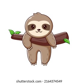 Sloth Cartoon Hanging on The Tree, Sloth Mascot Cartoon Character. Animal Icon Concept White Isolated. Flat Cartoon Style Suitable for Web Landing Page, Banner, Flyer, Sticker, Card