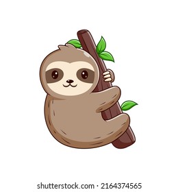 Sloth Cartoon Hanging on The Tree, Sloth Mascot Cartoon Character. Animal Icon Concept White Isolated. Flat Cartoon Style Suitable for Web Landing Page, Banner, Flyer, Sticker, Card