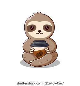 Sloth Cartoon holding a cup of coffee, Sloth Mascot Cartoon Character. Animal Icon Concept White Isolated. Flat Cartoon Style Suitable for Web Landing Page, Banner, Flyer, Sticker, Card