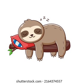 Sloth Cartoon Sleeping on The Tree, Sloth Mascot Cartoon Character. Animal Icon Concept White Isolated. Flat Cartoon Style Suitable for Web Landing Page, Banner, Flyer, Sticker, Card