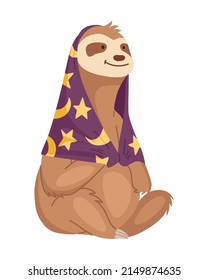 Sloth character with cape on shoulders. Cute cartoon sloth-bear character. Funny lazy animal, hand drawn clip art illustration. Jungle rainforest sloth. Tropical mammal or adorable sloth