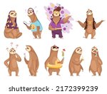 Sloth character. Cute cartoon sloth-bear character set. Funny lazy animal hand drawn clip art illustration. Jungle rainforest sloths. Tropical mammals or adorable sloths